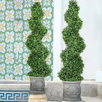 4FT Artificial Spiral Boxwood Topiary Tree with Antique White Roman Planter 1