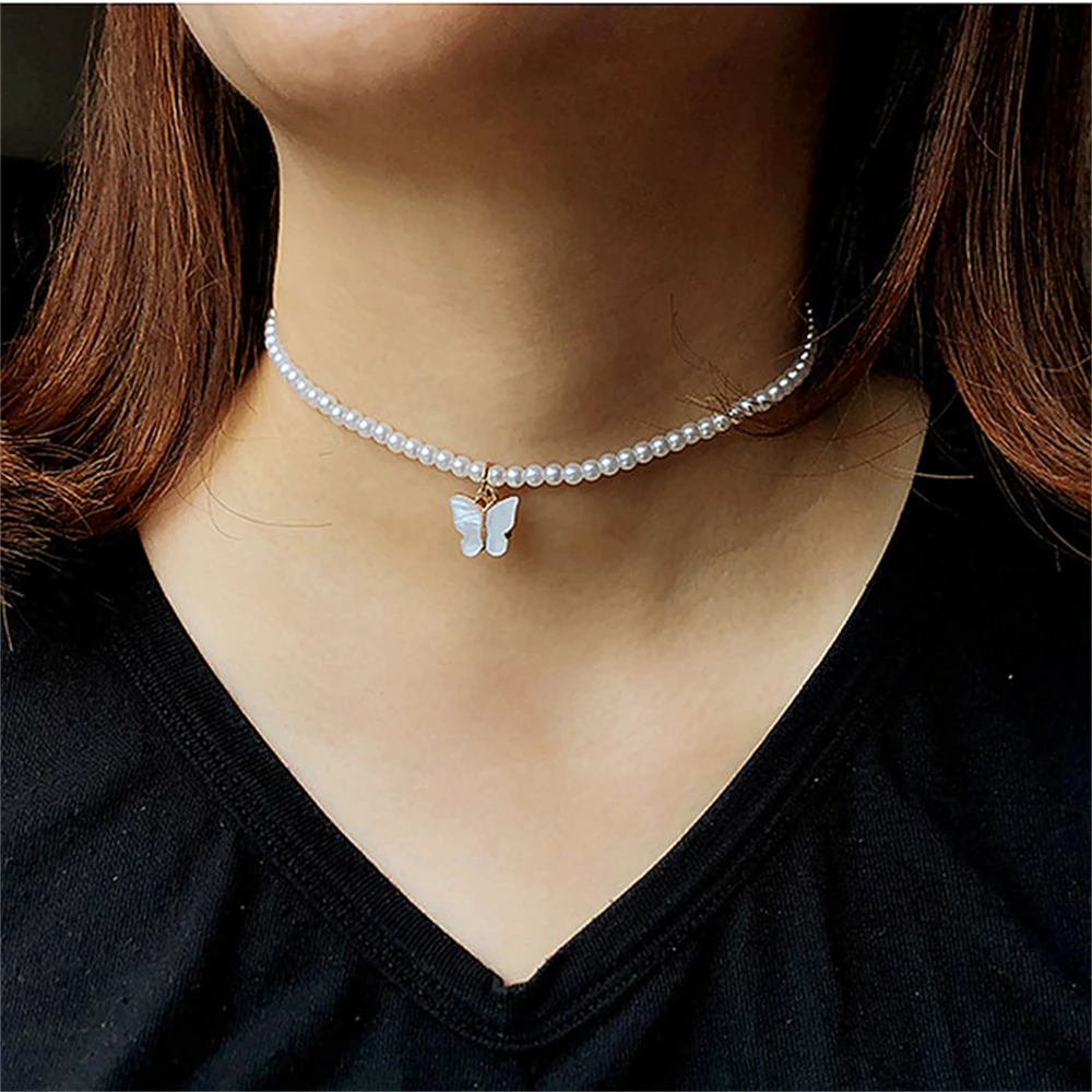 Necklace Butterfly Pearl Necklace Fashion Short Light Luxury Necklace  Summer High-end Collarbone Chain, Gift for Mother and Wife Necklaces