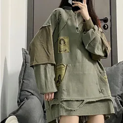 Women Fashion Oversized Hoodies Patchwork Holes Hooded Coats Casual Loose Vibe Style Tops Spring Autumn Trend Hoodie Y2k Clothes
