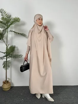 Ramadan Abayas Muslim Kaftan Solid Hooded Smocking Sleeve One-piece Prayer Dress Women Jilbab Islamic Clothing
