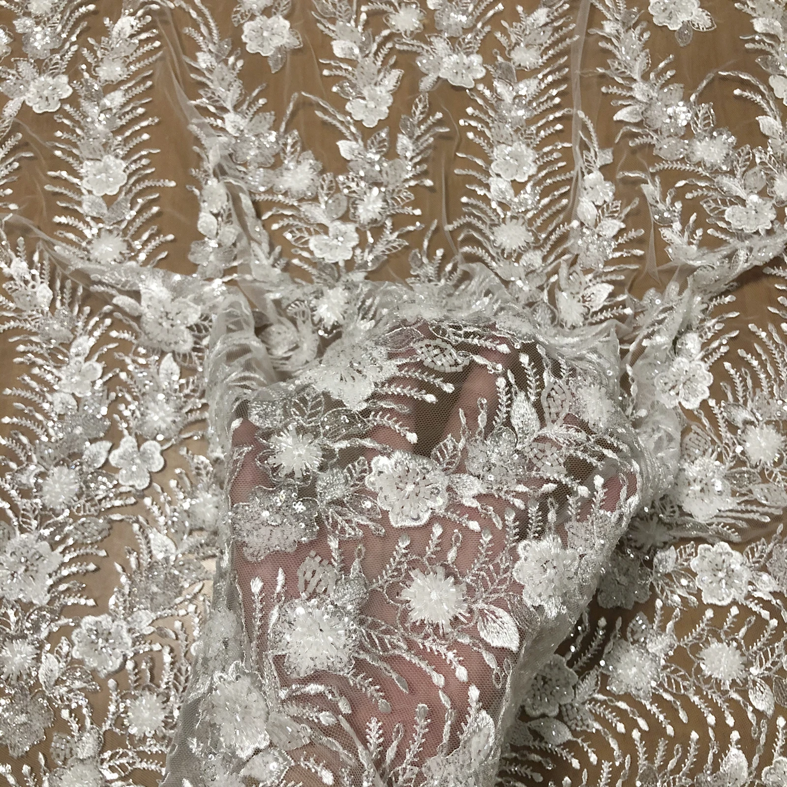 

Exquisite Sequin Beads Embroidery Wedding Evening Dress Fashion Lace Fabric Ivory White Clothing Accessories