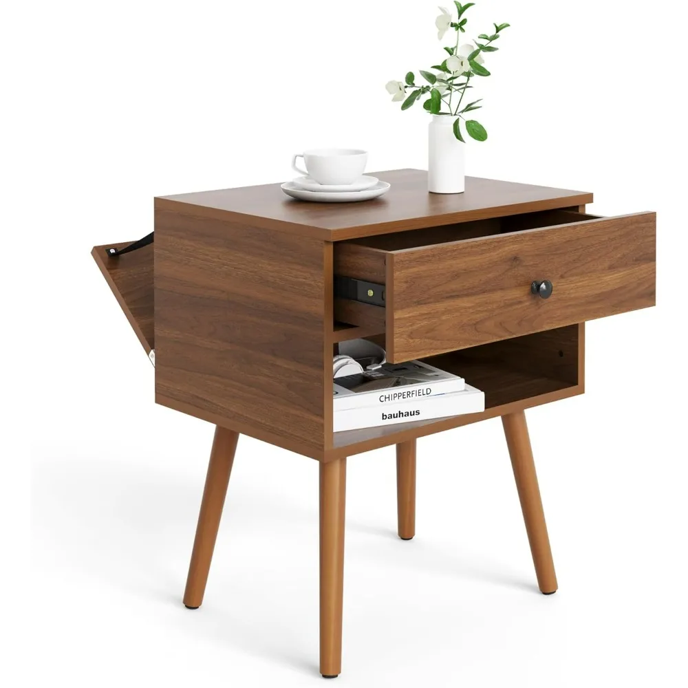 Hidden Compartment Nightstands, Mid Century Modern Concealment Furniture, Bedside Table with Wood Legs, End Table with Storage 6
