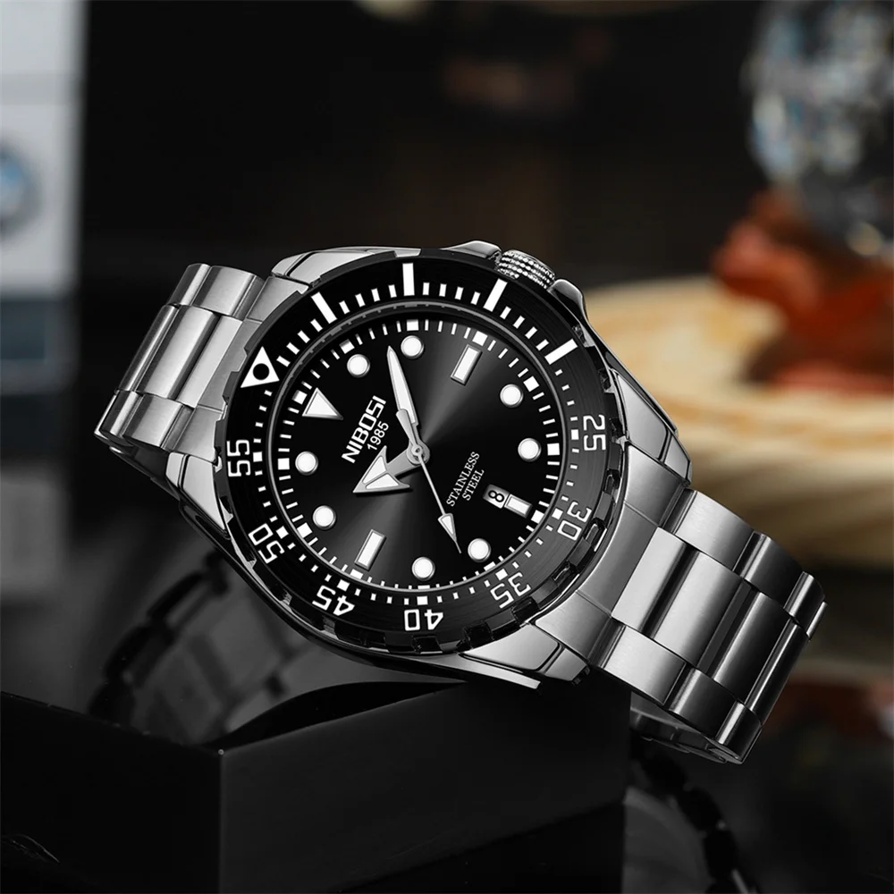 NIBOSI Brand Luxury Mechanical Case Back Design Fashion Quartz Watch Stainless Steel Waterproof Mens Watches Relogio Masculino