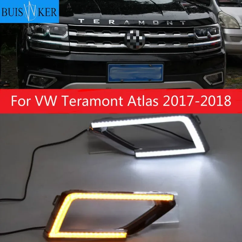 

1 пара автомобиля Светодиодный дневной светильник 2-Цвет 12V, которые подходят для VW Teramont Atlas 2017-2018 колпак противотуманных фар