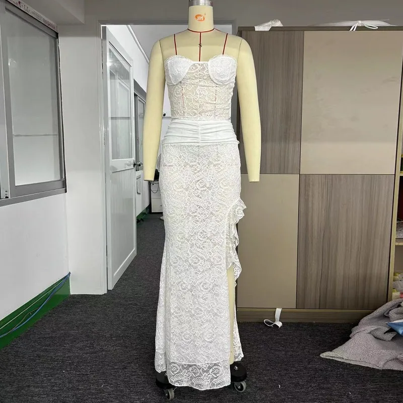 Conjunto de dos piezas de malla blanca con volantes, falda larga, top corto sexy sin espalda y falda larga con abertura lateral para mujer, conjuntos de verano.