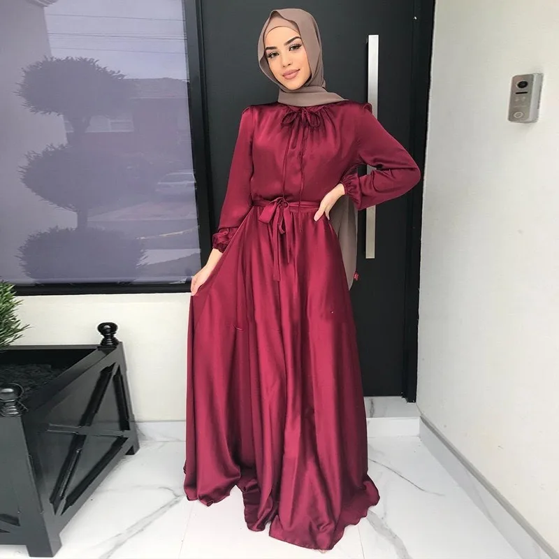 Elegant Satin Long Dress Soft Waist Swing  modest dress for women  muslim dress  vestido largo mujer verano   vestidos