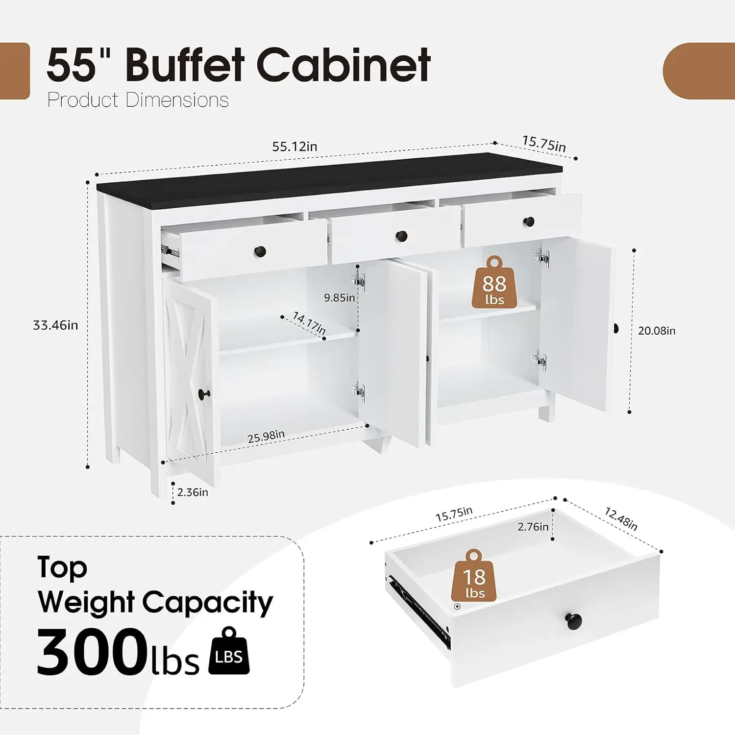 REDLIFE 55" Farmhouse Buffet Cabinet Storage Sideboard w/ Drawers Coffee Bar Display Cabinet for Dining Room Kitchen Living Room