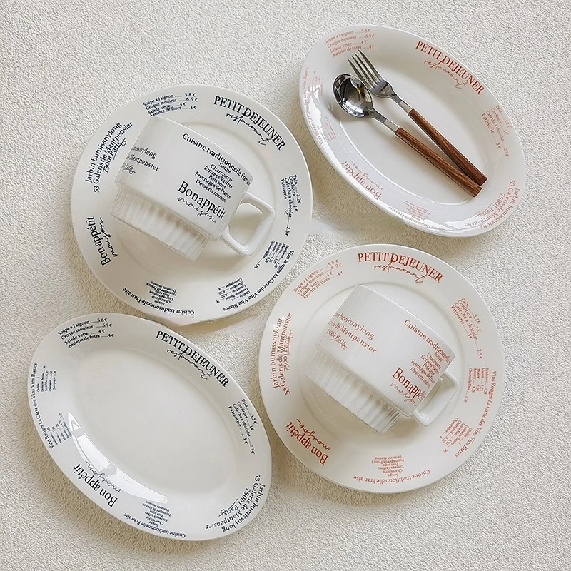 

Korean Simple Ceramic Tableware Retro French Alphabet Coffee Cup Plate Set Nice Tableware