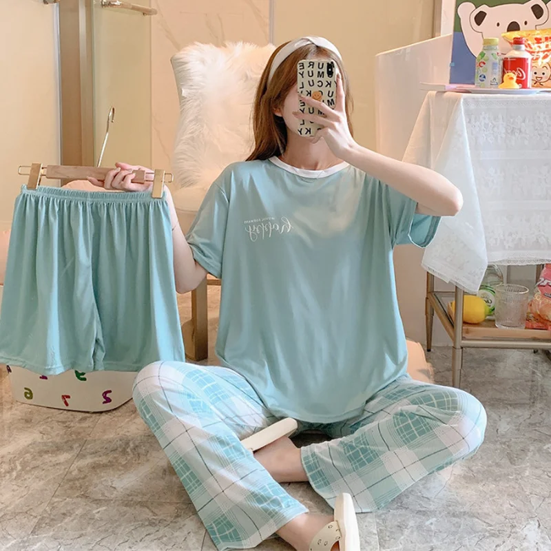 New women's summer three-piece pajamas homewear women short-sleeved trousers cartoon leisure women's homewear pajamas set 6 New women's summer three-piece pajamas homewear women short-sleeved trousers cartoon leisure women's homewear pajamas set - Image 6