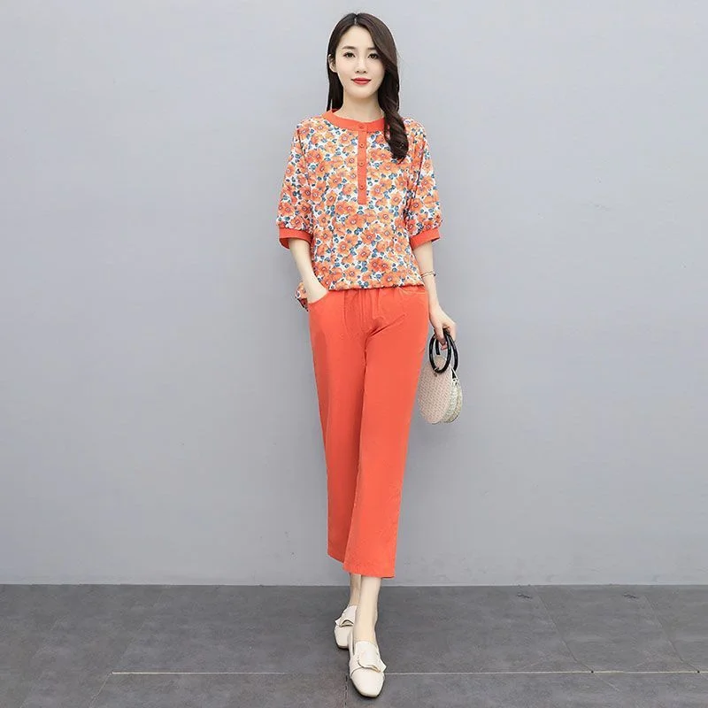 2024Summer New Suit Women Cotton Hemp Slim Two-Piece Printed Shirt Eight-Point Feet Pants Small Western Coat Female Tops Outfit
