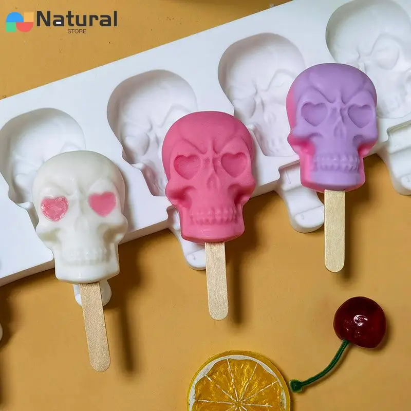 6 Skulls Ice Cream Silicone Mold Homemade Popsicle Ice Cream Mold kitchen Supplies Ice Maker Popsicle Sticks Chocolate Mold