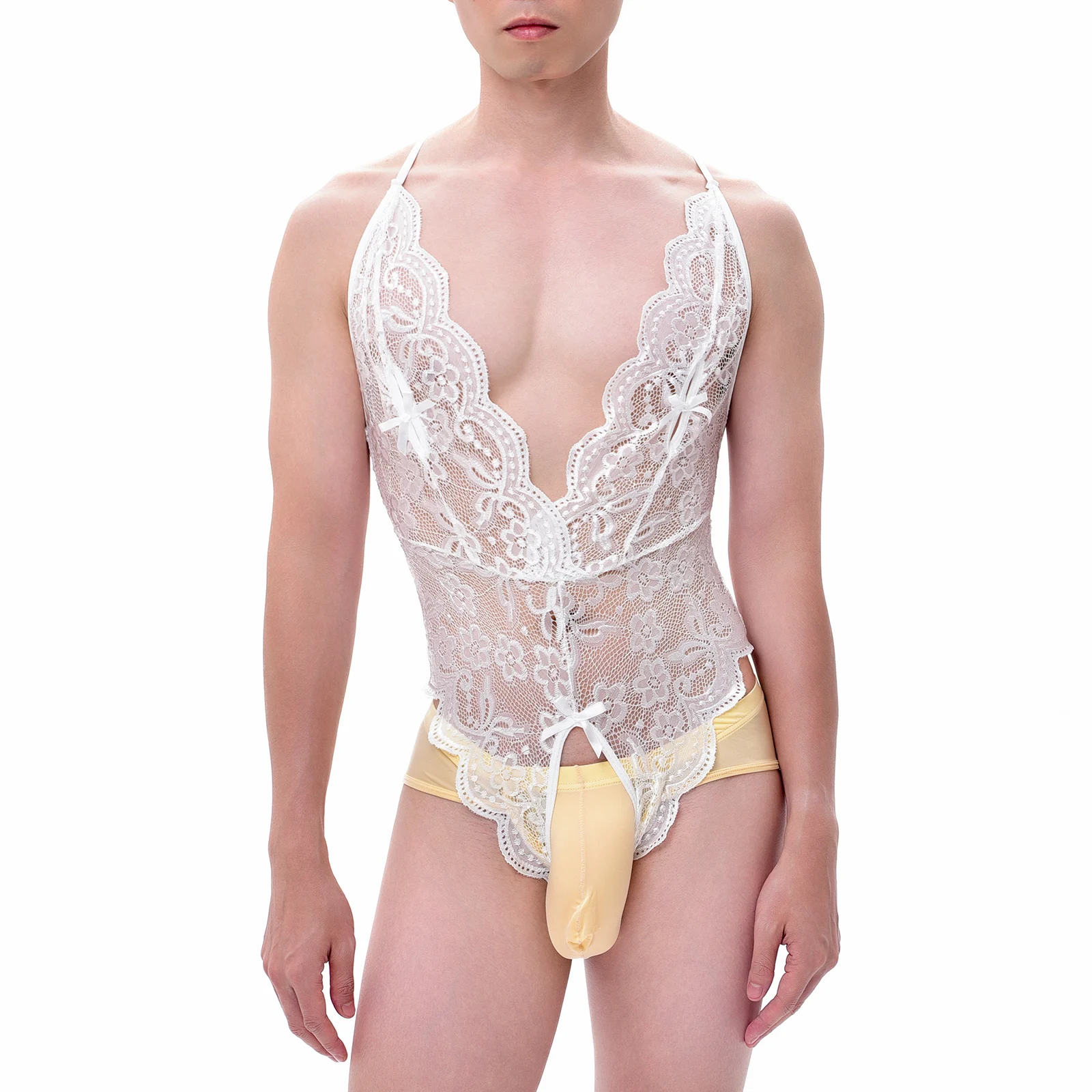CLEVER-MENMODE Men Bodysuit One Pieces Thongs Sexy Leotard Lace Crossdress Transparent Sissy Open Penis Pouch Lingerie Underwear men underwear,sexy lingerie