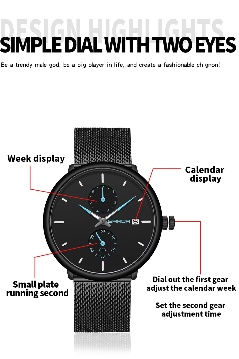SANDA Luxury brand Watches men Stainless Steel Mesh strap Quartz-watch Ultra Thin Dial Male Clock man relogio masculino P1115