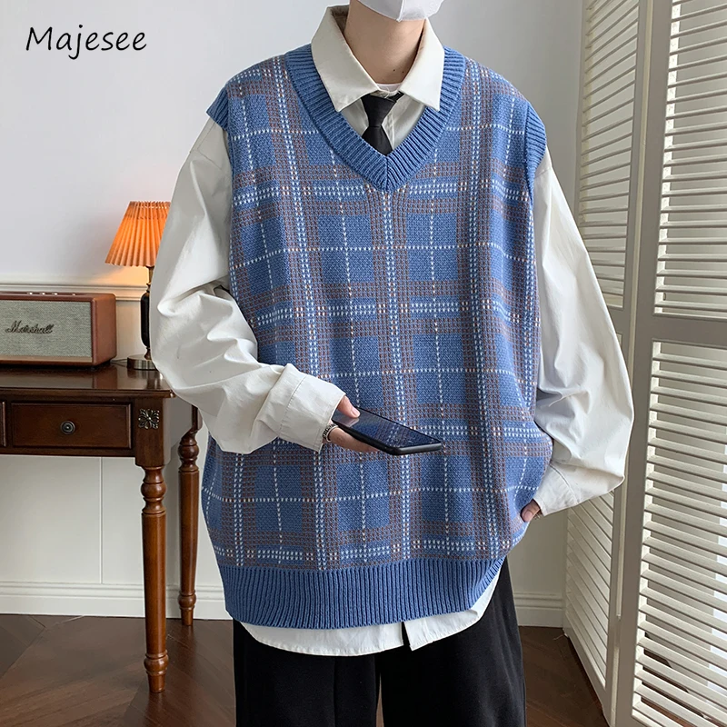 

Plaid Sweater Vests Loose Panelled Japanese Style Autumn Winter Slouchy Teenagers Stylish Temperament Preppy V-neck Daily