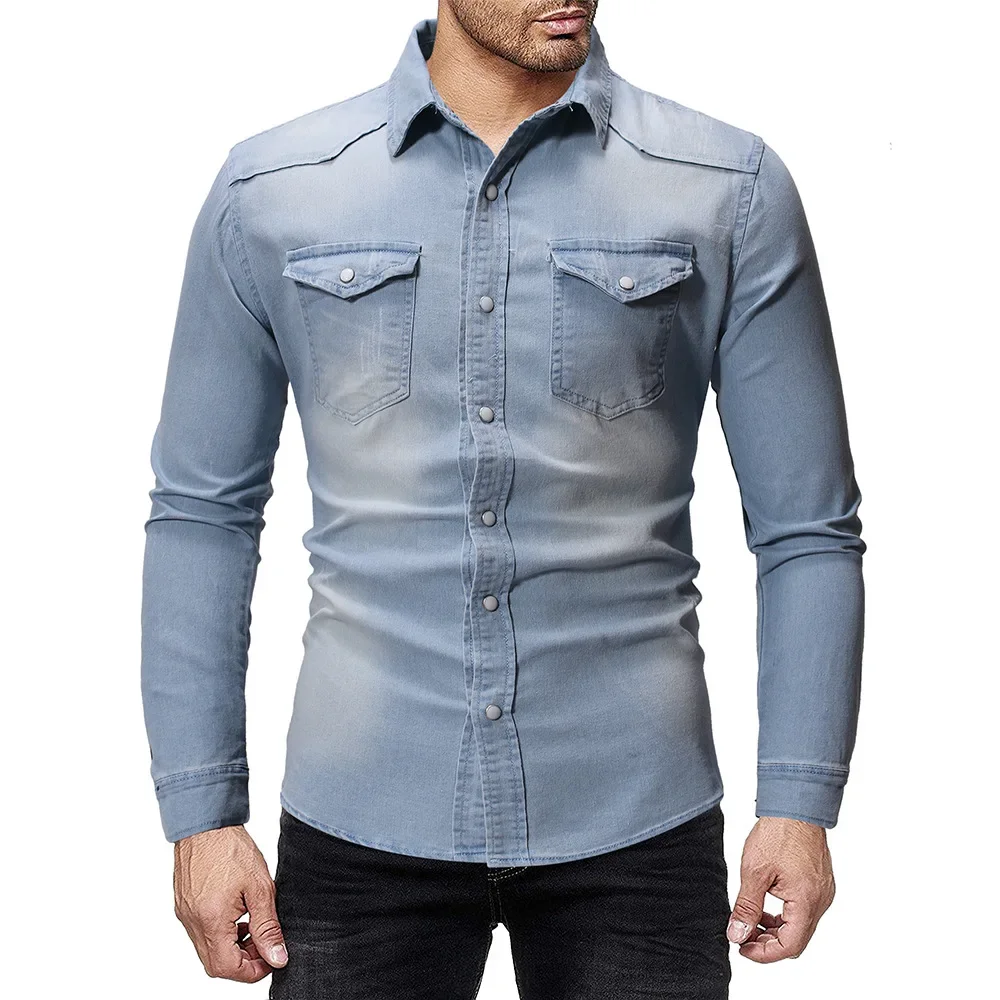 Men Denim Shirt Cotton Jeans Overshirt Slim Fit Long Sleeve Gray Washed Cowboy Shirts Tops M-3Xl