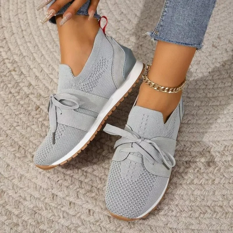 2023  Brown Knit Breathable Sneakers Shoes Women 2023 New Soft Sole Platform Flats Woman Plus Size 43 Non Slip Casual Shoes
