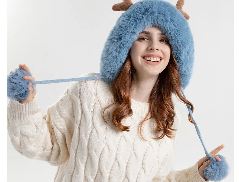 Cappelli invernali caldi lavorati a maglia, da donna, con corna di cervo, due palline, con paraorecchie, in peluche, spessi e soffici, in pelliccia_voghion.com