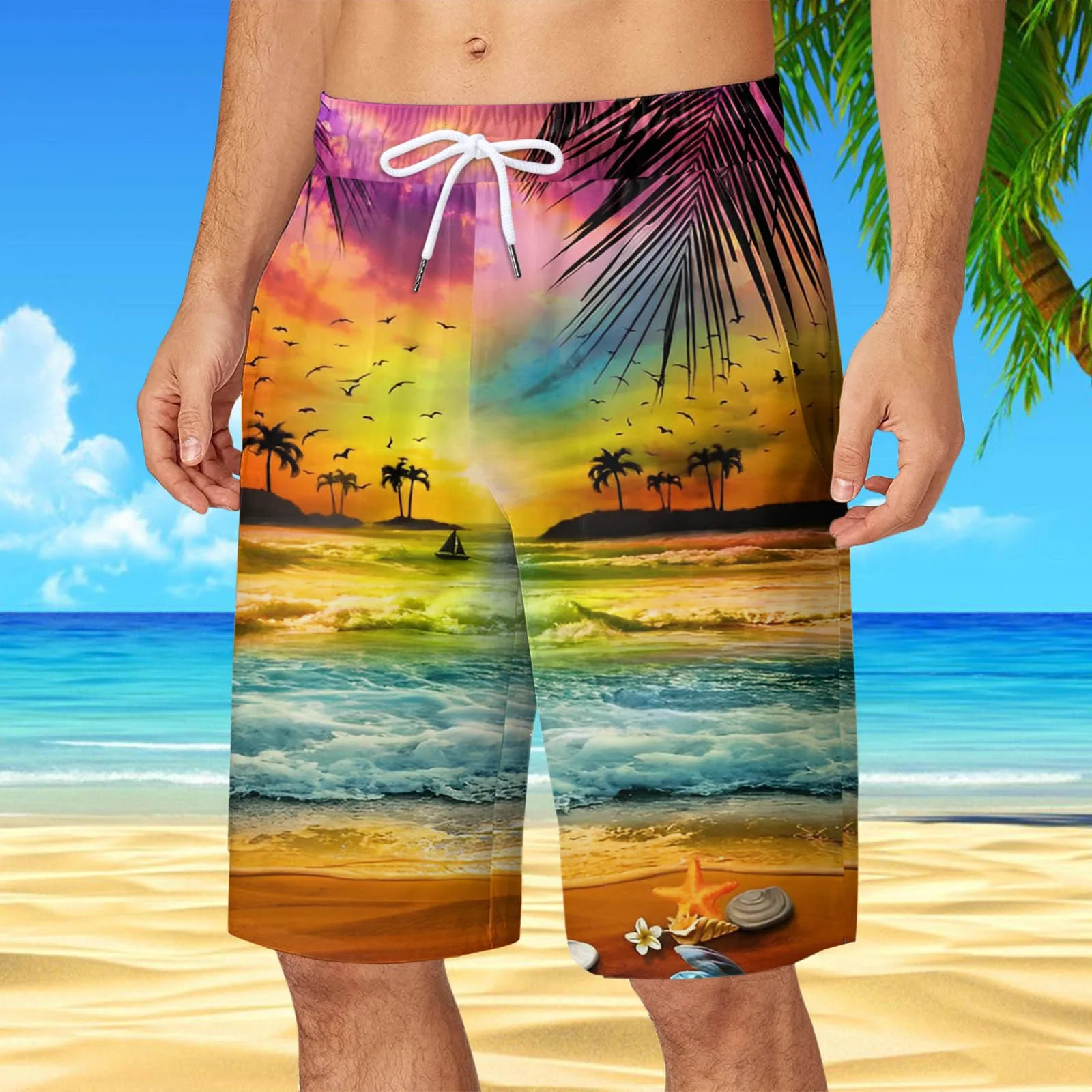 Mens Casual Summer Drawstring Beach Sports Shorts