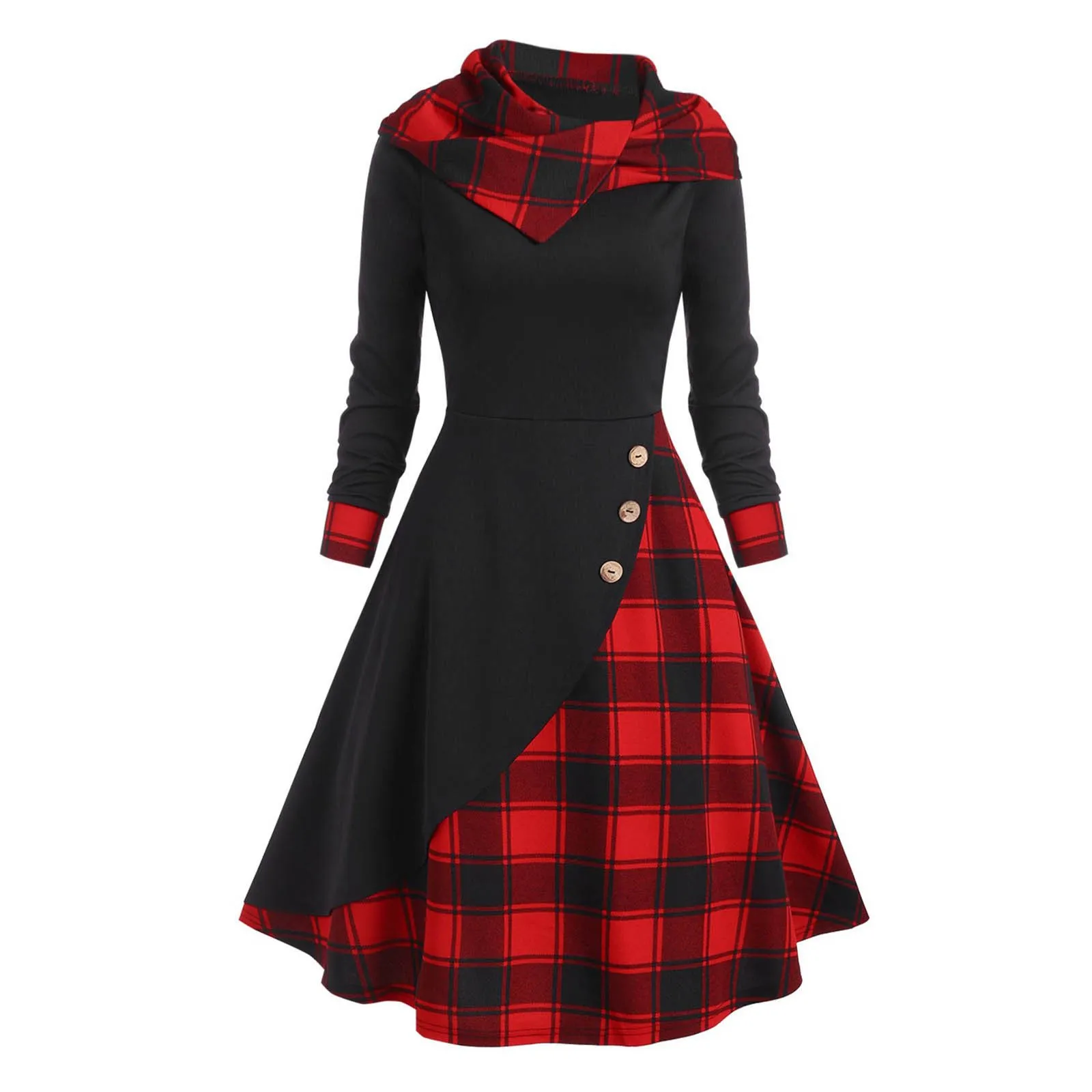 thumbnail image 1 of Vestidos góticos de cintura alta, mangas largas, vestidos de corte A, vestidos populares para mujer, vestidos casuales a cuadros retro suaves que combinan con todo, 1 of 4