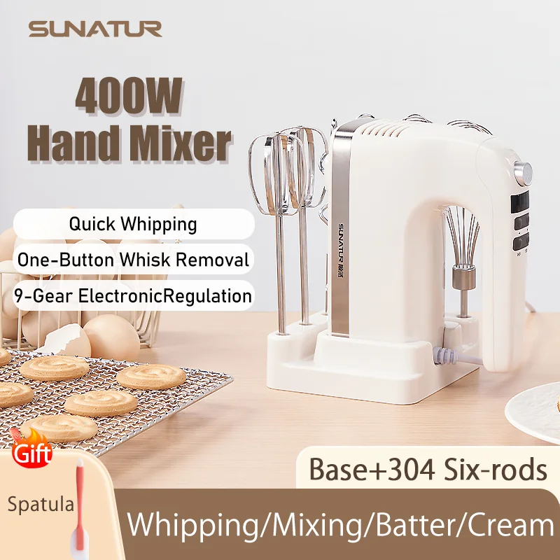 SUNATUR 400W DC Hand Mixer Electric Speed Control 304 Stainless Steel 6 Rods Set with Storage Base 1
