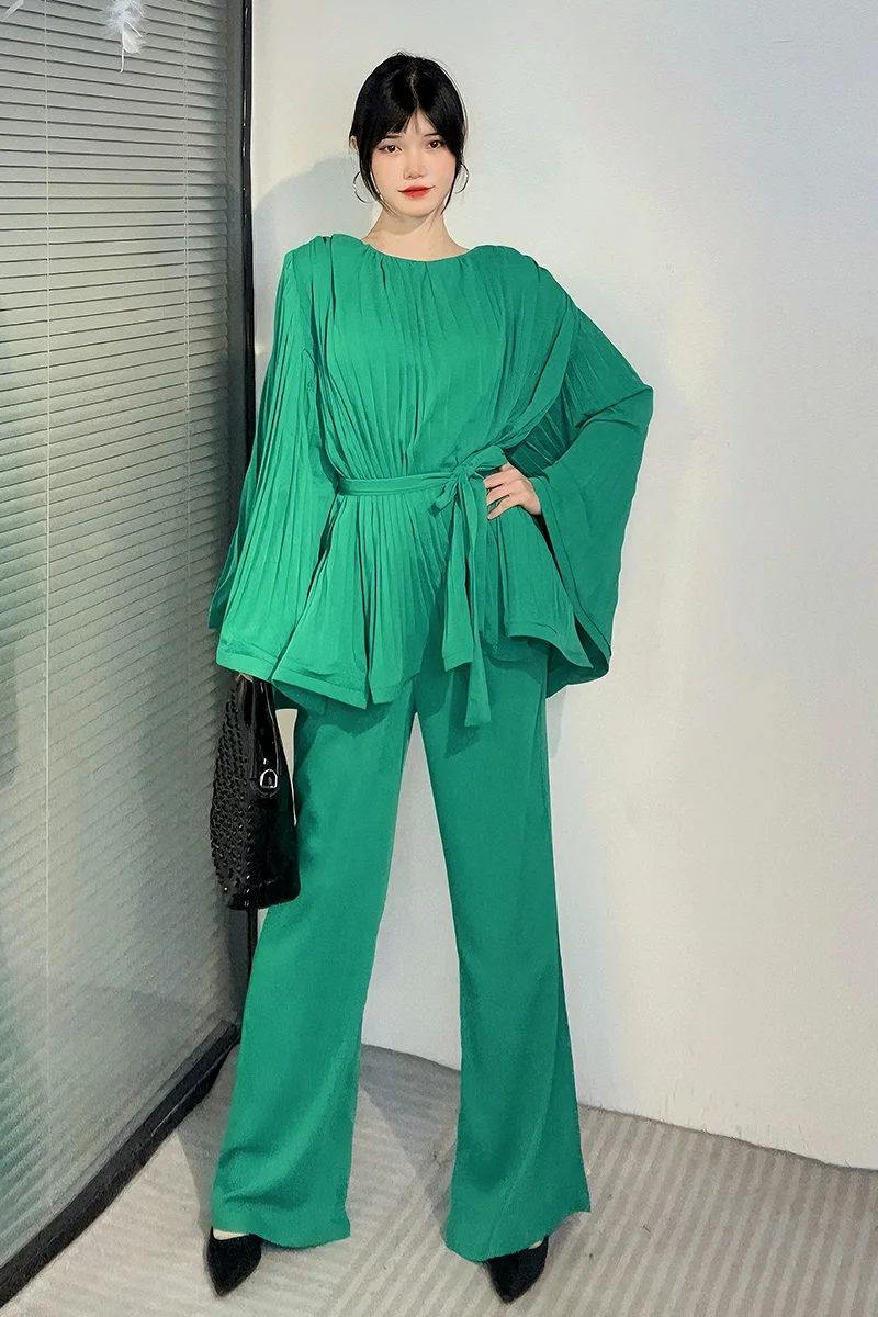 

Женский комплект из двух предметов SuperAen, модная плиссированная рубашка с широкими рукавами и брюки на шнуровке, лето 2024