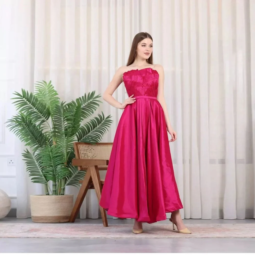 

Simin Satin A-line Strapless Formal Prom Gown Ruffle Populer Ankle-length Evening Elegant Party dresses for women 2023