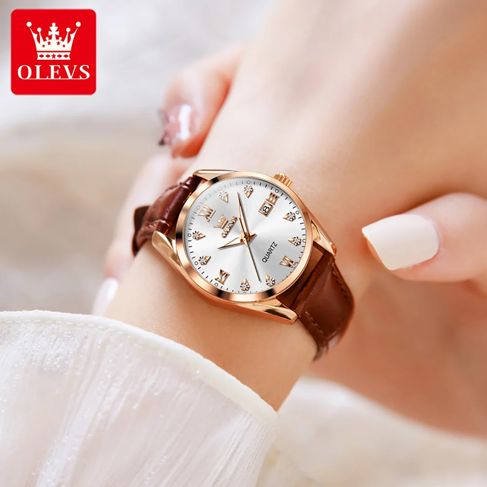 OLEVS Original Quartz Watch for Women Luxury Diamond Date Dial Luminous Wristwatch Waterproof Leather Strap Women's Watch Reloj