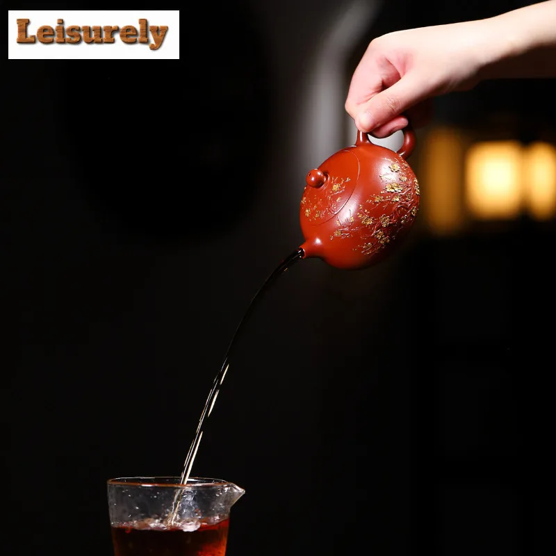 200ml Yixing Purple Clay Teapots Handmade Gold Drawing Xishi Pot Raw Ore Dahongpao Mud Kettle With Strainer Zisha Tea Set Craft