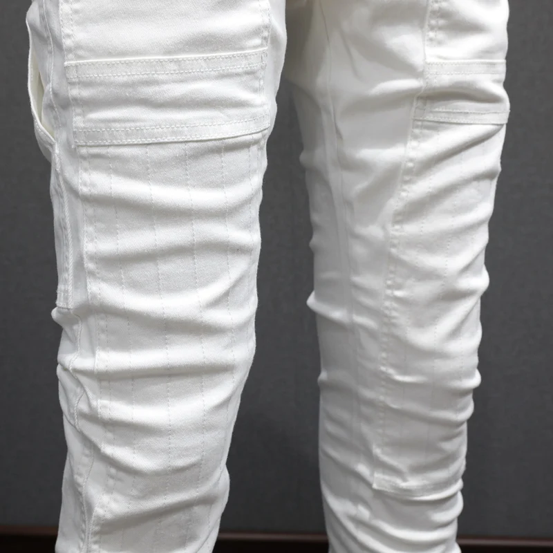 High Street Fashion Men Jeans White Elastic Stretch Skinny Jeans Men Multi Pockets Spliced Designer Hip Hop Denim Pants Hombre