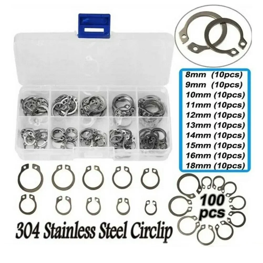 100 PCS 304 Stainless Steel Stainless Steel E Clip Washer Assortment Kit Circlip Retaining Ring For Shaft Fastener M8~M18