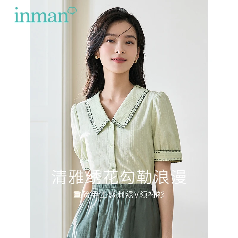 INMAN Women Blouse 2023 Summer Puff Sleeve Flower Embroidered Lapel Slim Shirts Pure Cotton Comfort Four Colors Elegance Tops