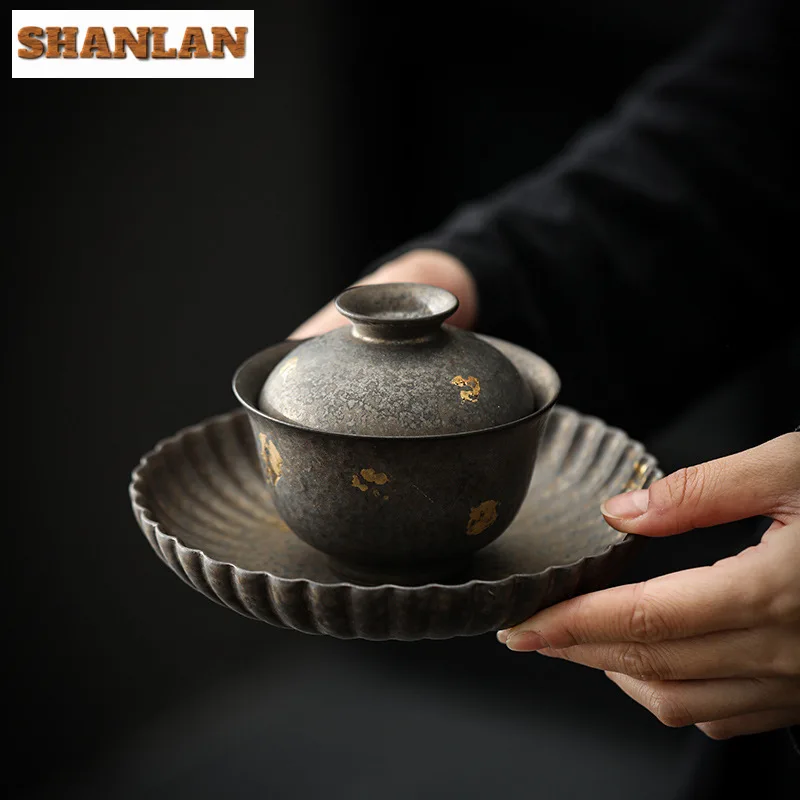 Handmade Rust Glazed Coarse Pottery Gaiwan Japanese Sprinkle Gold Tea Lid Set Tea Tureen Maker Cover Bowl Ceremony Gifts