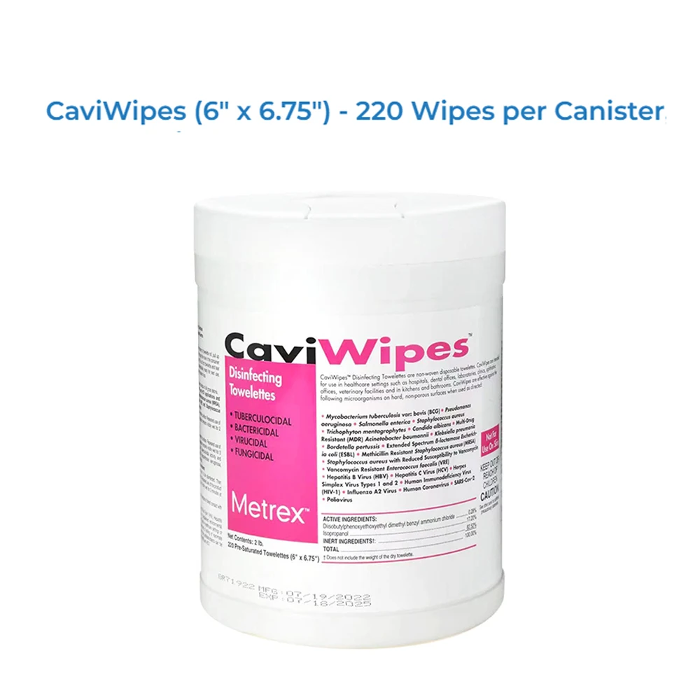 Boîte de 220 lingettes désinfectantes CaviWipes pour nettoyage professionnel des surfaces.