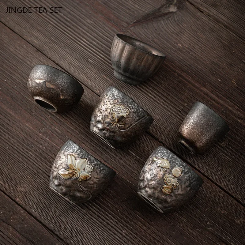 1PCS Japanese style gold-plated hand carved ceramic tea cup retro iron glazed tea cup Zen Master Cup ceramic tea set accessories