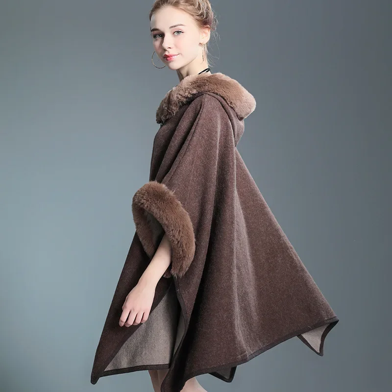 

Autumn Winter New Imitation Otter Rabbit Fur Collar Hooded Shawl Cape Imitation Wool Woolen Loose Ponchos Capes Coffee Cloak