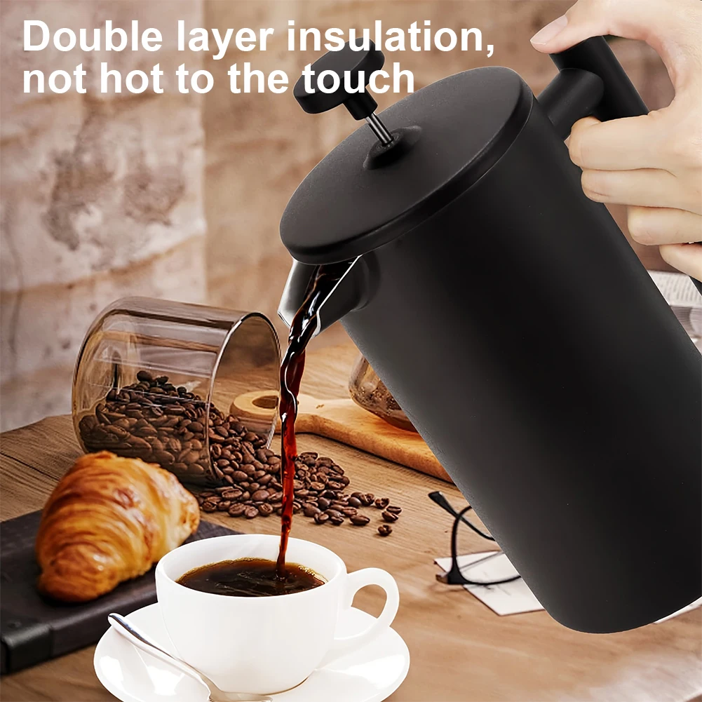 Stainless Steel Tea Brewer Tea Pot Double Wall Insulation Coffee Press 1000ml Double Walled Large Coffee Press for Bar Cafe Home