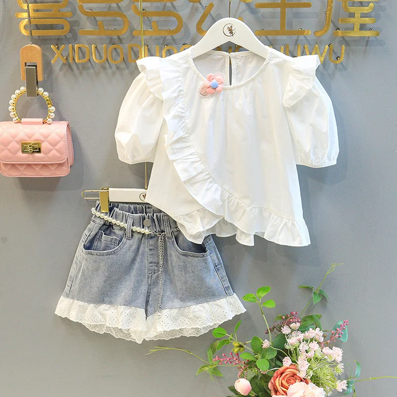 

Summer New Kids Clothes Set Girls Fashion Ruffle Blouse Top Korean Style Denim Shorts Toddlers Casual Pants Jeans Girl 2pcs 3-8Y