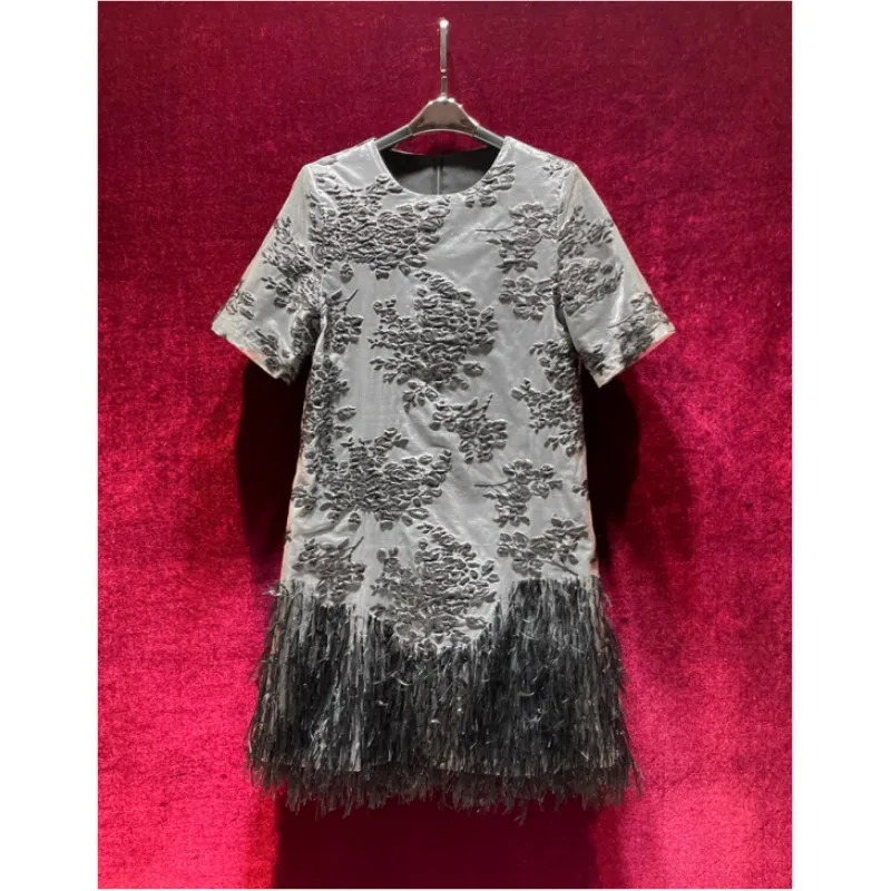 

Fashion temperament 2024 spring-summer jacquard fringe short-sleeved dress