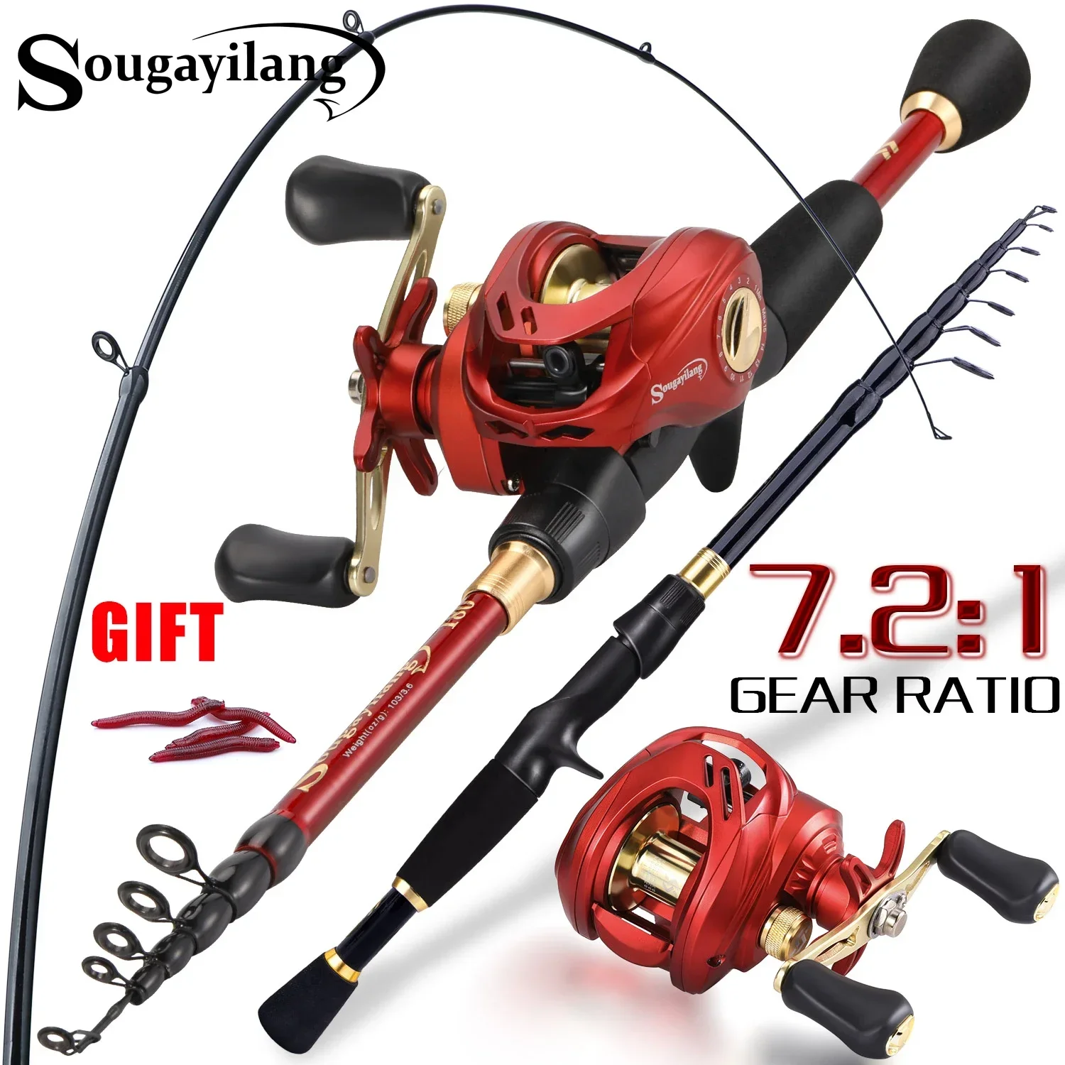 Sougeyilang Fishing Rod Combo 1.8-2.4m 7-9 Sections Casting Rod and 7.2:1high Speea Ratio Metal Spool Casting Fishing Reel Pesca fishing pole set fishing rod and reel combo fishing rod