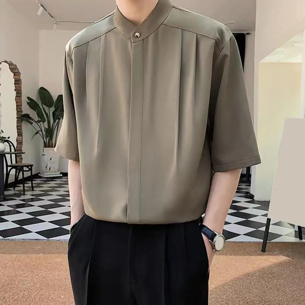 Men Top Soft Texture Stylish Stand Collar Ice Silk Cardigan Summer Office Wear Pleated Loose Fit Half Sleeves Casual