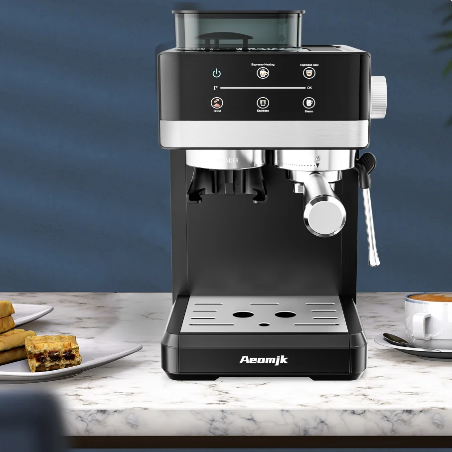 Aeomjk Hot and Cold Dual-Extract Semi-Automatic Grinding All-In-One Espresso Machine, 1.8L Water Tank, 20Bar Pressure, Steam Milk Foaming Machine 2