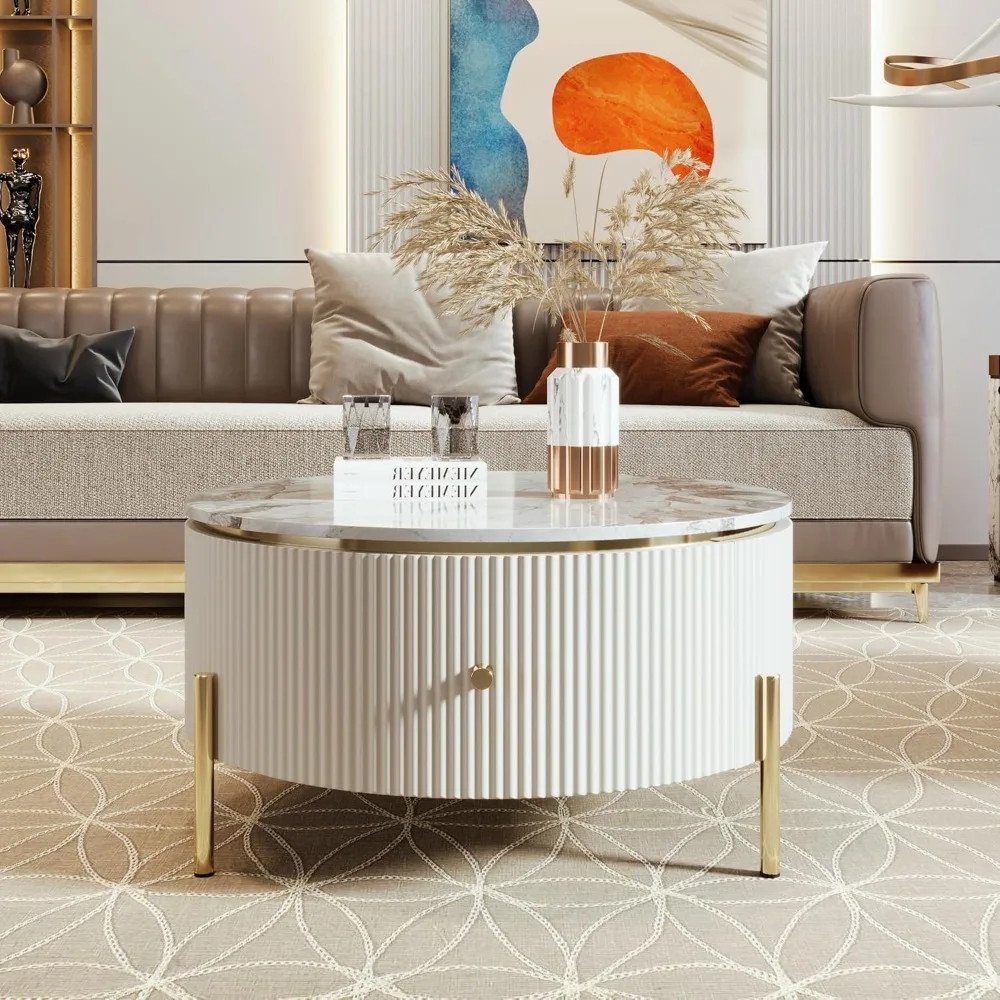 31.5 Modern Round Coffee Table with 2 Large Drawers Storage Accent, Off White 4