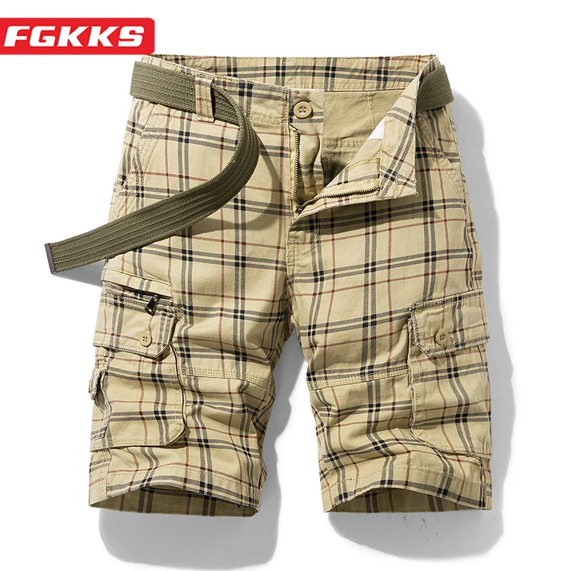 

FGKKS 2023 Outdoor Casual Shorts Men's Cotton Tooling Five Points Sweatpants High-Quality Large Pocket Plaid Casual Pants Men's