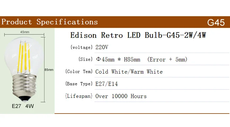 Description Picture 3 of itemLED Filament Bulb G45 4W 2W E27 E14 AC220V Luster Home Indoor Decorative Lights Pendant Light Base Bedroom Living Room Kitchen