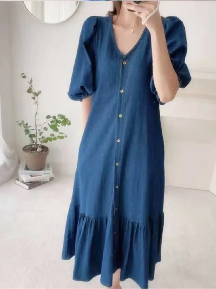

Summer New Retro Dress Ladies V-neck Slim Single-breasted Slim Mid-length Puff Sleeve Denim Fishtail Dress Temperament Fairy