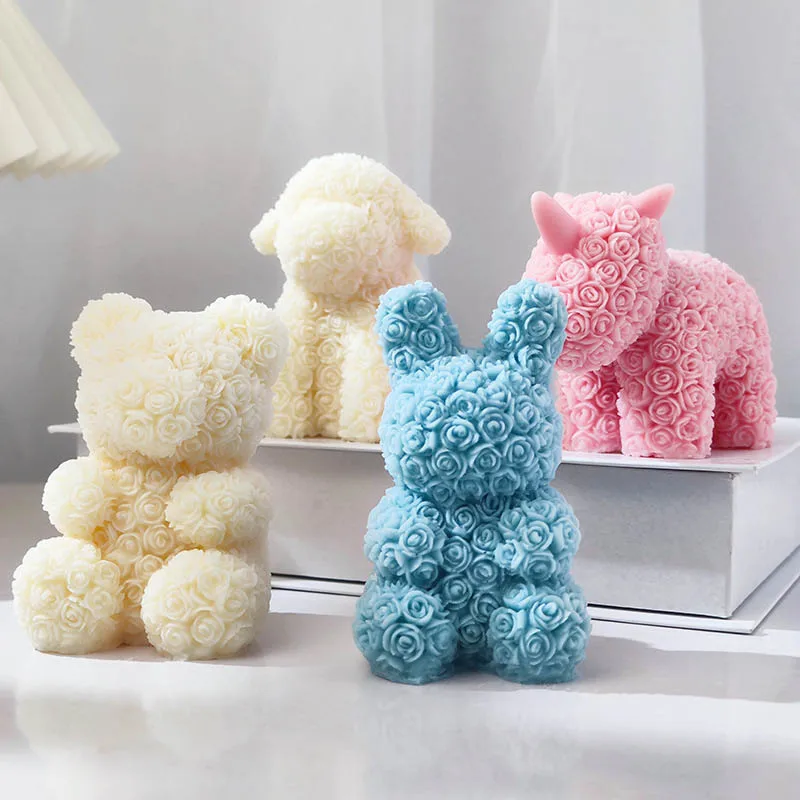 Valentine's Day Series Rose Bear Candle Silicone Mold DIY Rabbit Aromatherapy Candle Soap Resin Plaster Making Mould Decor Gifts