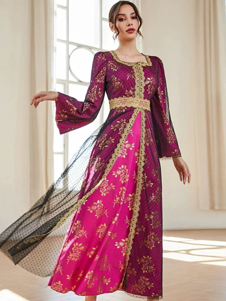 

ИД мусульманское платье для женщин абайя сетчатая Цветочная Jalabiya марокканские платья для вечеринки Дубай яркое мусульманское платье арабское длинное платье