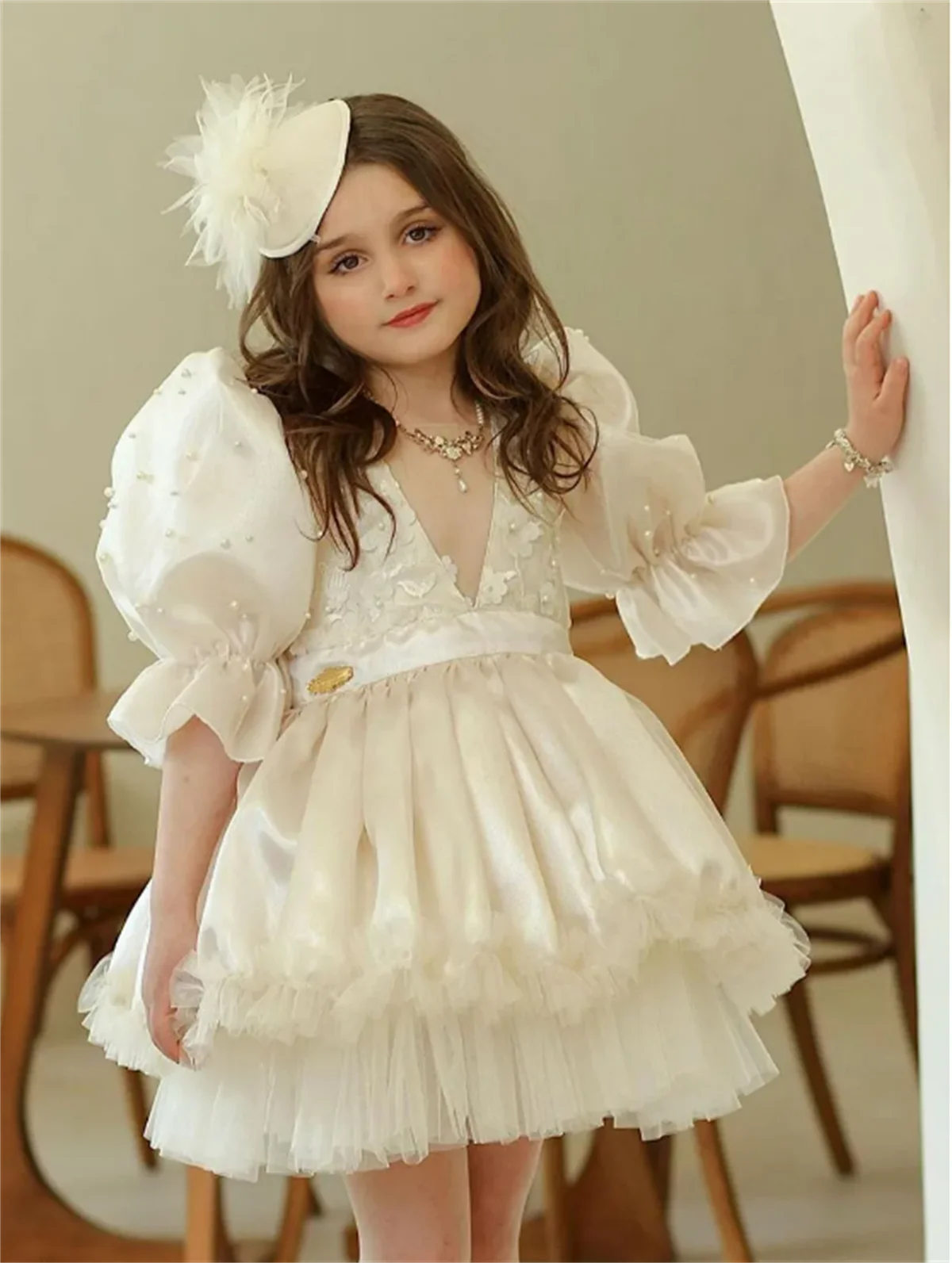Flower Girl Dresses Ivory Fluffy Stain Lace Applique Skirt Wedding Elegant First Communion Birthday Party Dress flower girl dresses floral appliqu&eacute; dress girls dresses