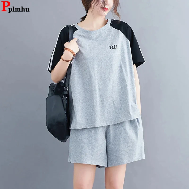 

New Summer Two Piece Sets Patchwork Tshirt Tracksuit Baggy High Waist Shorts Suits Casual Korean Trend Conjuntos Woman Ensemble