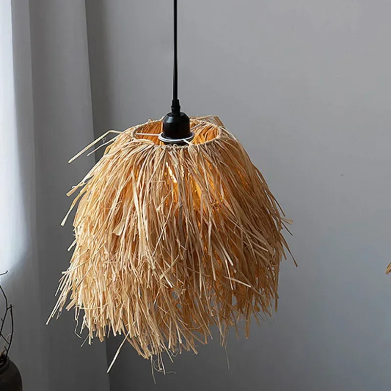 Retro Wabi-sabi Wind Pendant Lamp Decorative Straw Chandelier for Dining Room and Bedroom Homestay Lighting